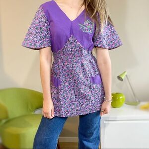 Vintage Purple Wrap Tunic Top. Art or Garden Smock Purple Floral.